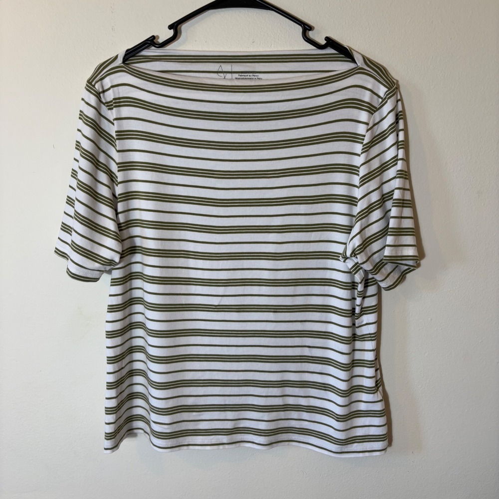 Joie Striped Boat Neck Tee Top White Olive Green XL/TG Short Sleeve